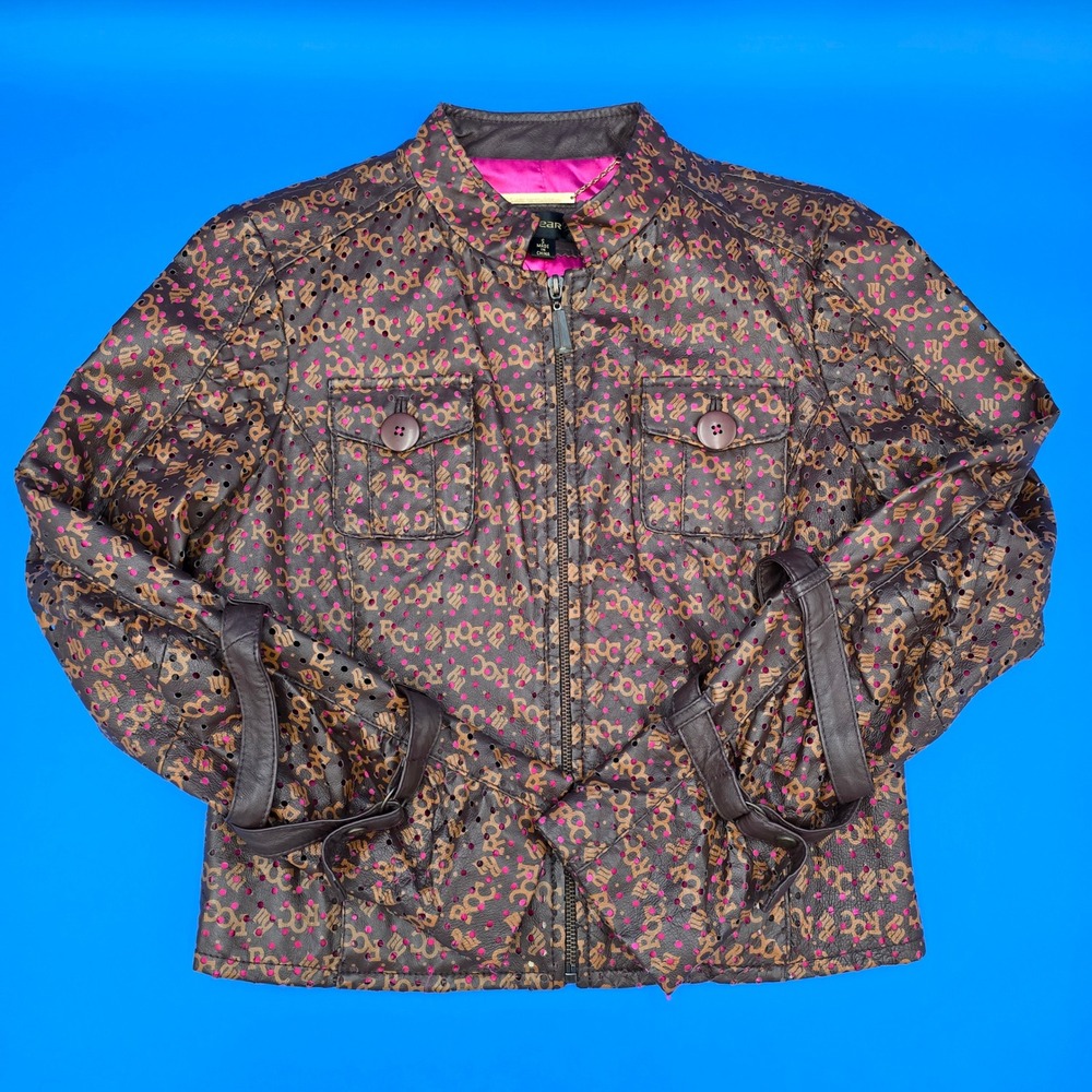 Rocawear Leather Jacket Moto Brown Pink‎ ROC Logo Streetwear Womens Y2K VTG
